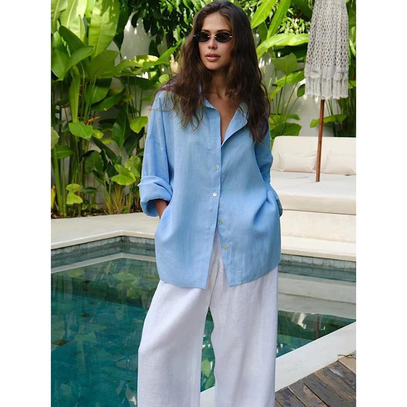 Autumn Fashion Loose Women's Shirts Long Sleeve Lapel Oversize Female Blouses Elegant Cotton Linen Lady Shirts