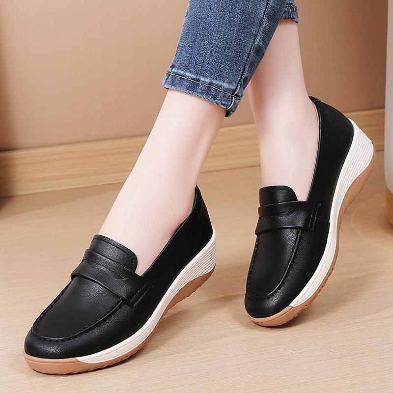 Mocasini cu platformă pentru femei, casual, eleganți, din piele neagră, pantofi de birou pentru femei, cu talpă groasă, pantofi cu vibrații, mărimi mari