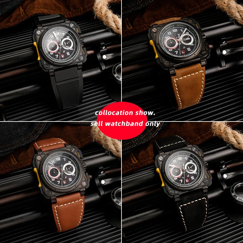 35-24mm konvexes Rindslederband Für Bell Ross B&R BR-01 BR-03 Herren Echtes Leder Uhrenarmband Silikonkautschuk Wasserdichtes Uhrenarmband