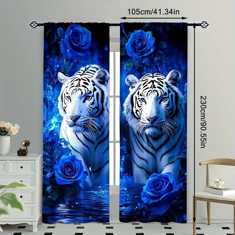 2pcs - White tiger and blue rose print curtains, pole bag curtains, home decoration, room decoration