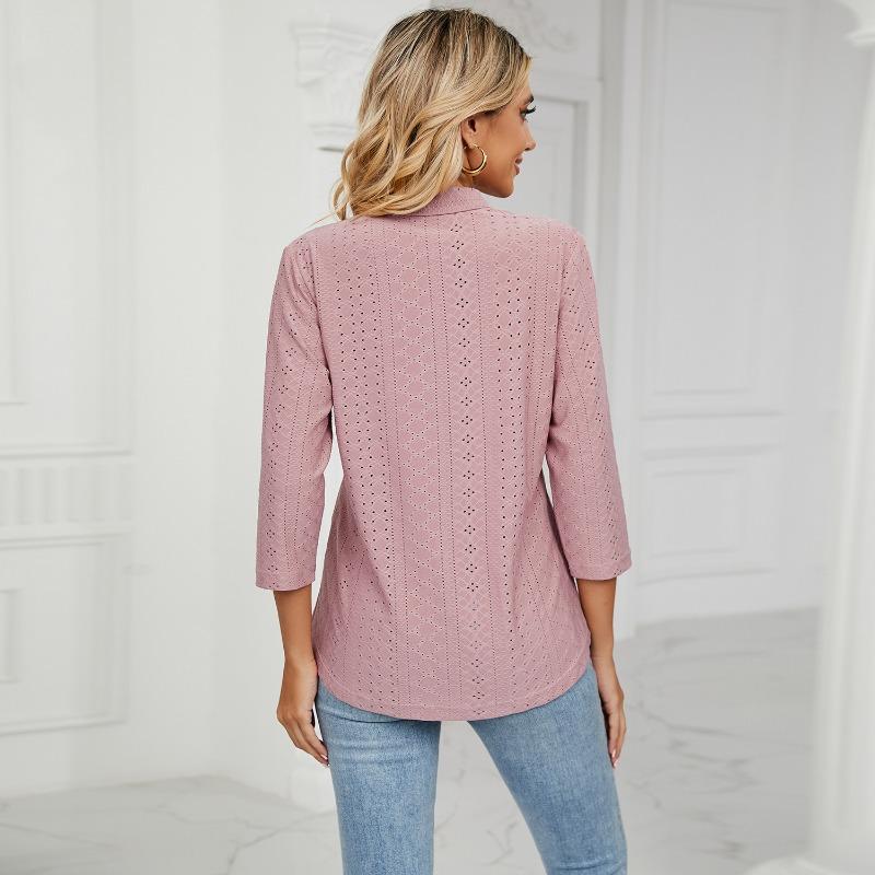 Neue Herbstkleidung für Damen, Jacquard-Oberteile mit V-Ausschnitt, T-Shirts mit mittleren Ärmeln