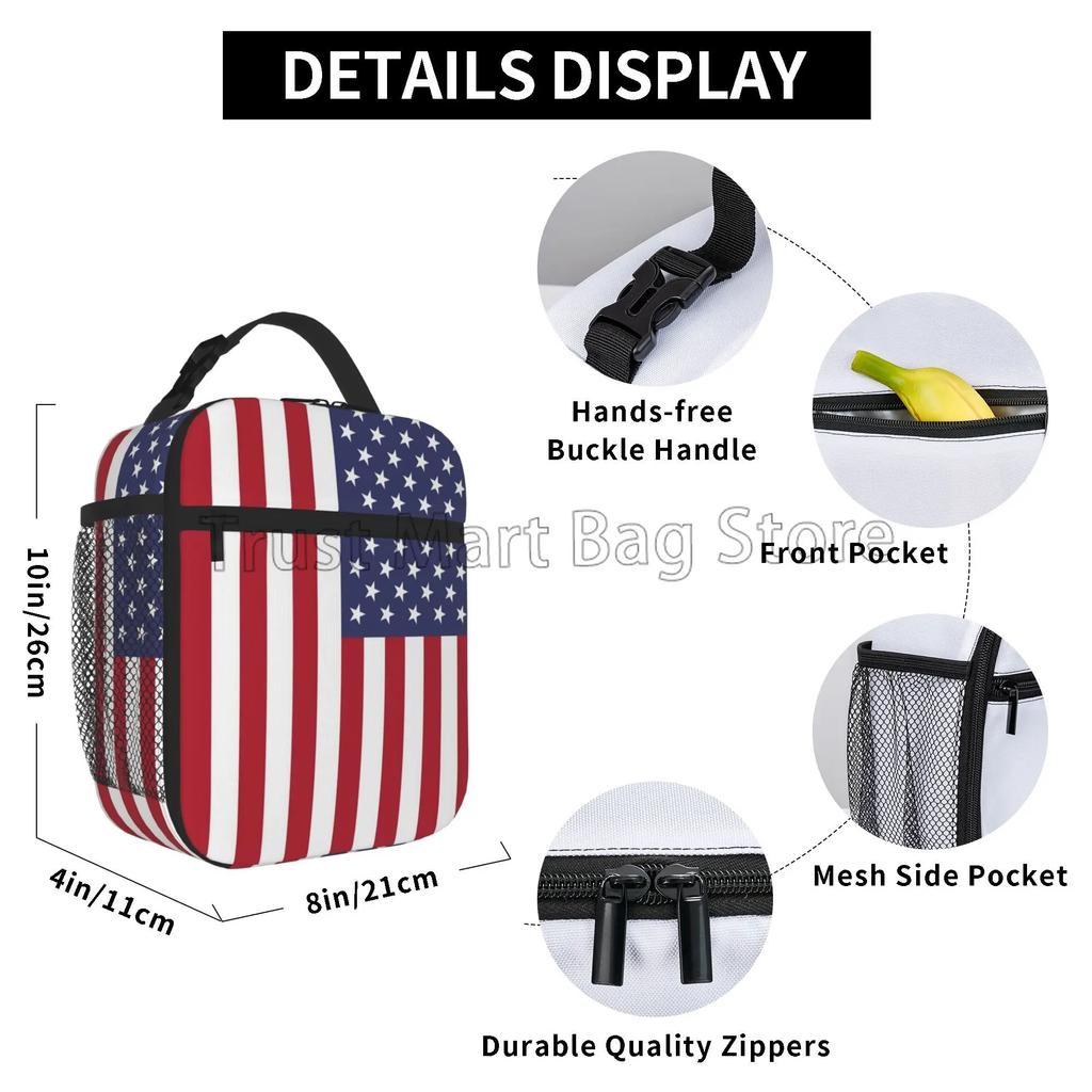 Amerikanische USA Flagge Aufdruck Lunchtasche für Damen Kinder Wiederverwendbare Tragetasche Kühlende Isolierte Brotdose für Schule Büro Arbeit Picknick