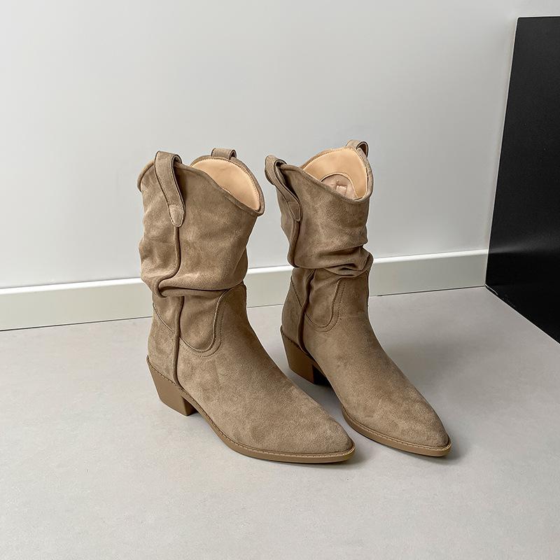 

Ретро замшевые ботильоны с острым носком для женщин, осень/зима 2025, ботильоны до середины икры в западном стиле с V-образным вырезом, стройнящие, на массивном каблуке. 35