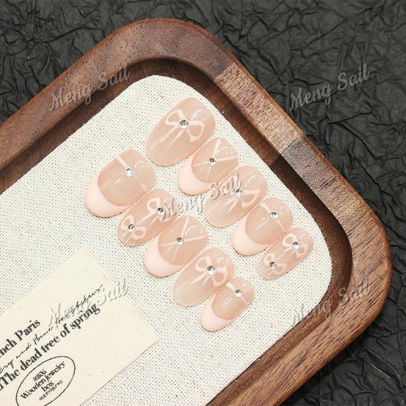 Cherry Bow Diamond Almond-Shaped Wearable Pink Ballet Nails - Handmade Fresh French Design