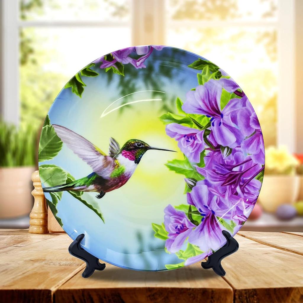 Small Bird Hummingbird Pink&Purple Flowers Decorative Plate Decorative Ceramic Plates Home Wobble-Plate with Display Stand Decoration Household