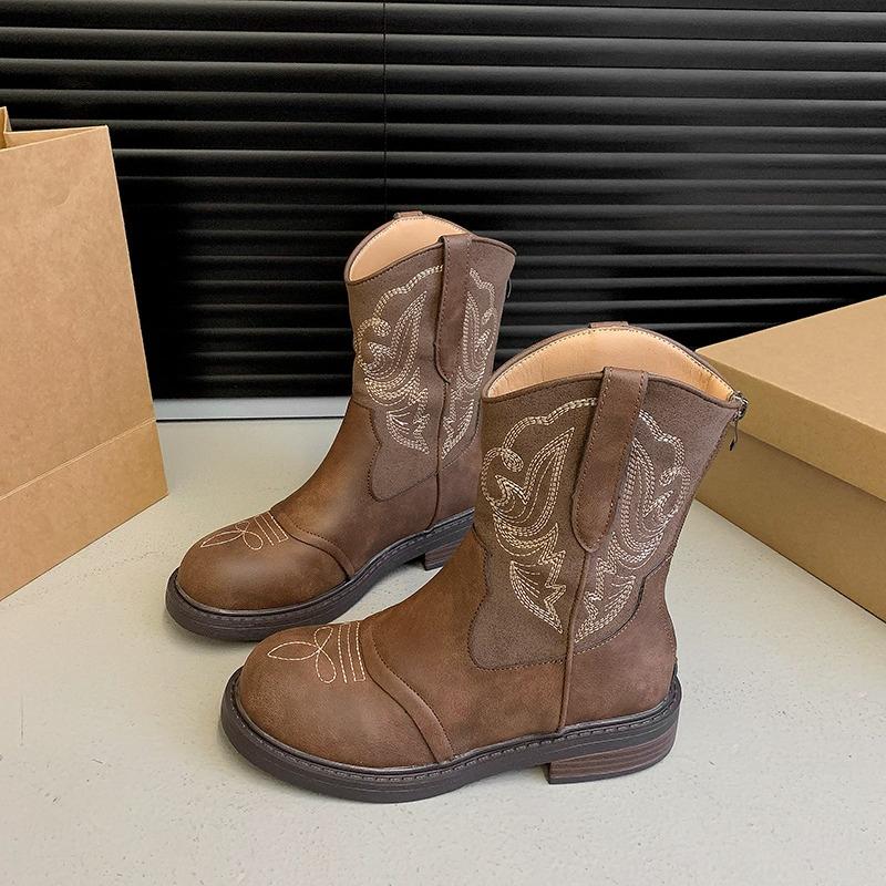 Women'S Retro Mid-Tube Boots Fall New Round Toe Embroidered Rear Zip Platform Non-Slip Block Heel Boots