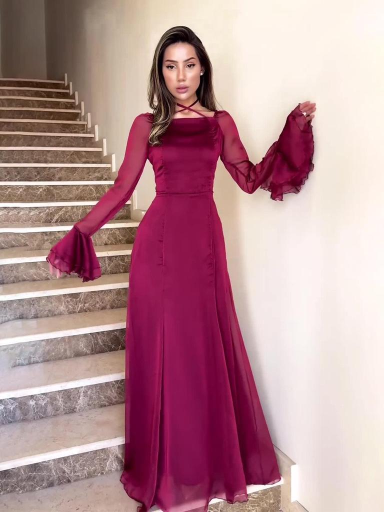 Gentle Autumn Tie-Up Ruffle Slim Fit Dress with Flowing Fabric (2024 European & American Collection)