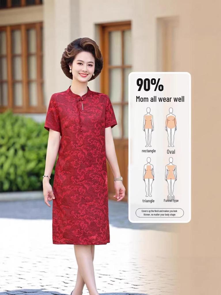 Summer Short-Sleeved Faux Silk Qipao Dress for Middle-Aged and Elderly Women