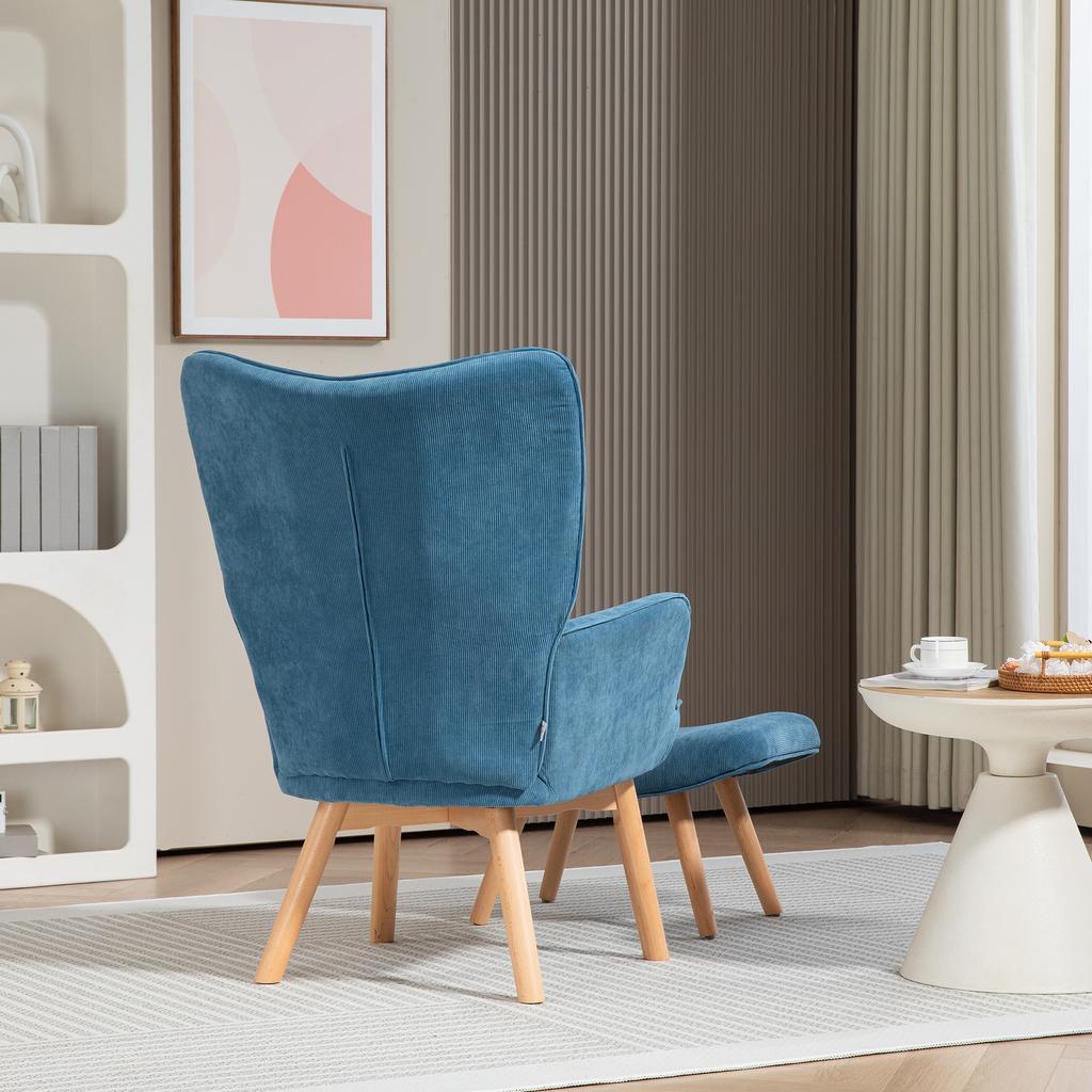 Accent Chair With Ottoman Relax Chair In Corduroy Look Armchair With Wooden Legs For Living Room Blue