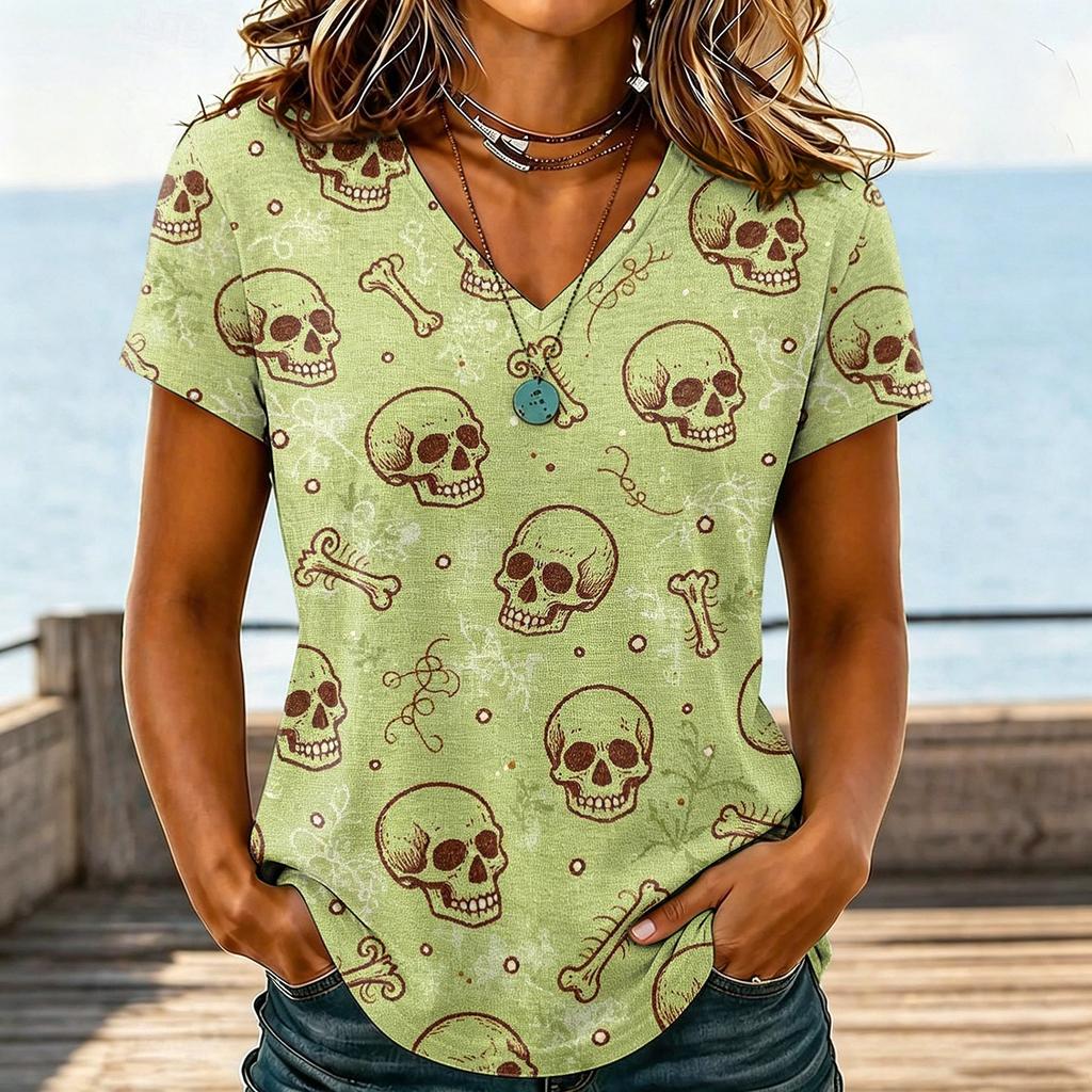 Women's Casual V-Neck Halloween Printed T-Shirt for Holiday Party and Everyday Wear