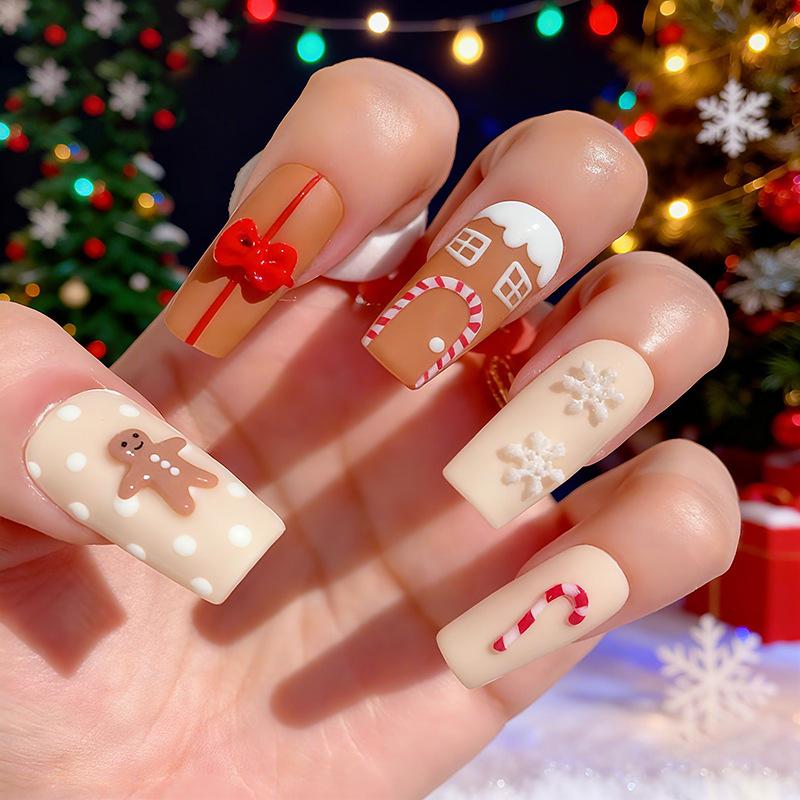 New Christmas Manicure Wearing Armor Three-Dimensional Cartoon Gingerbread Man Snowflake Long Wearing Armor Jelly glue + rubbing strips