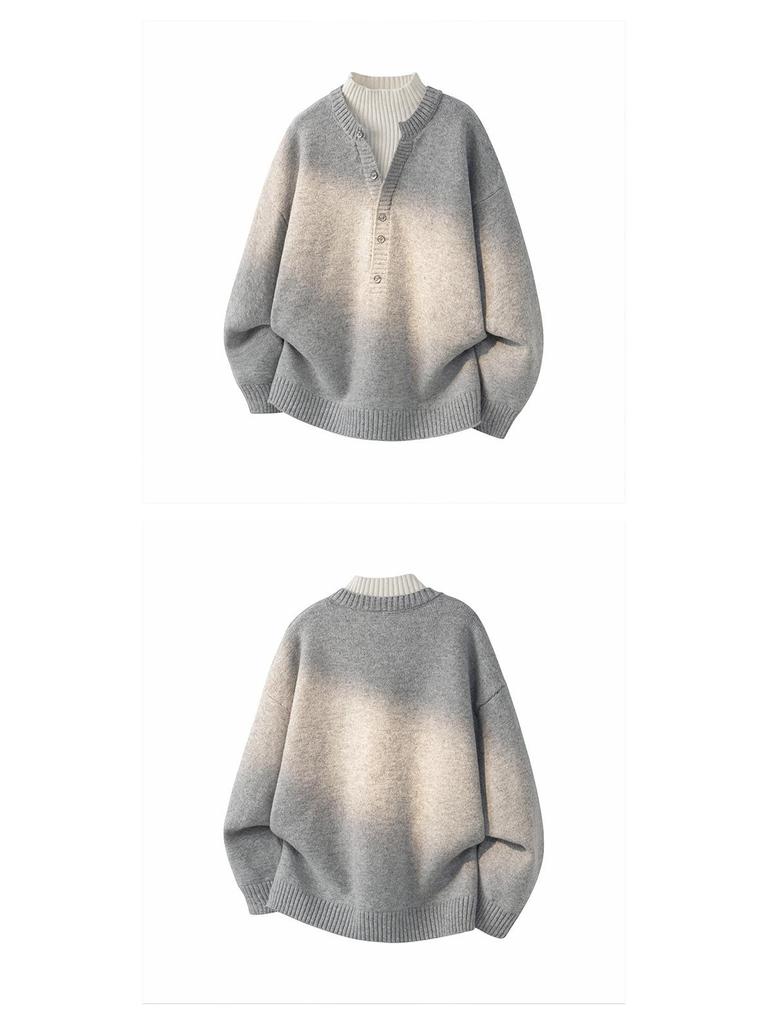 Men's Gray Korean-Style V-Neck Knitwear: Light Luxury, Fake Two-Piece Buttoned High Neck Long Sleeve Sweater Pullover.