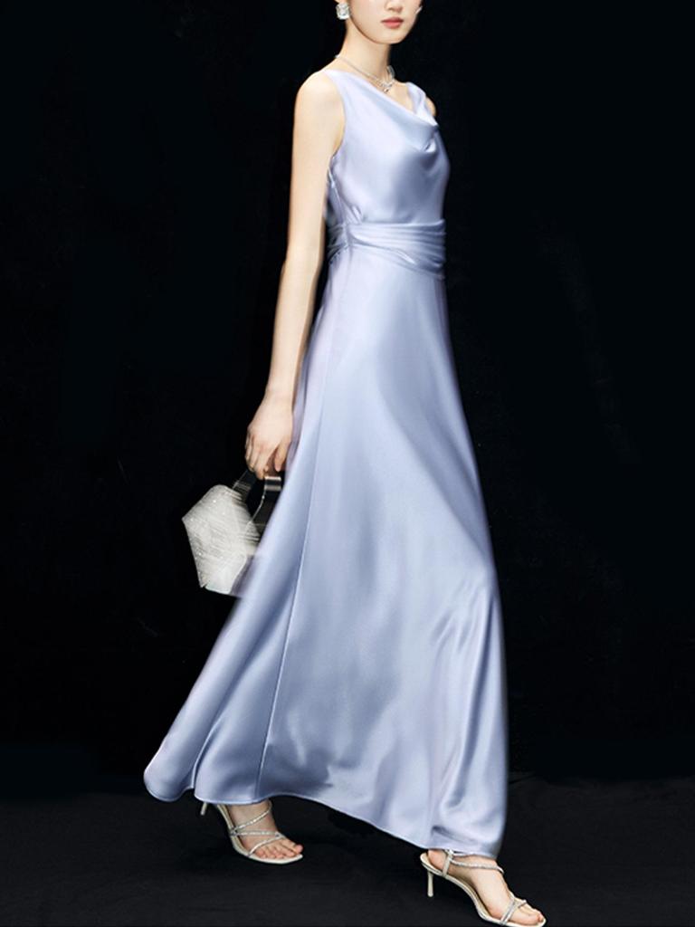 High-End Acetate Glossy Swing Collar Dress: Summer Socialite Style with Pleated Waist-Cinching and Luxe Texture.