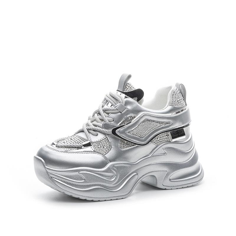 Spring and summer women's shoes new inner height increase women's thick-soled thick-soled small casual rhinestone mesh shoes