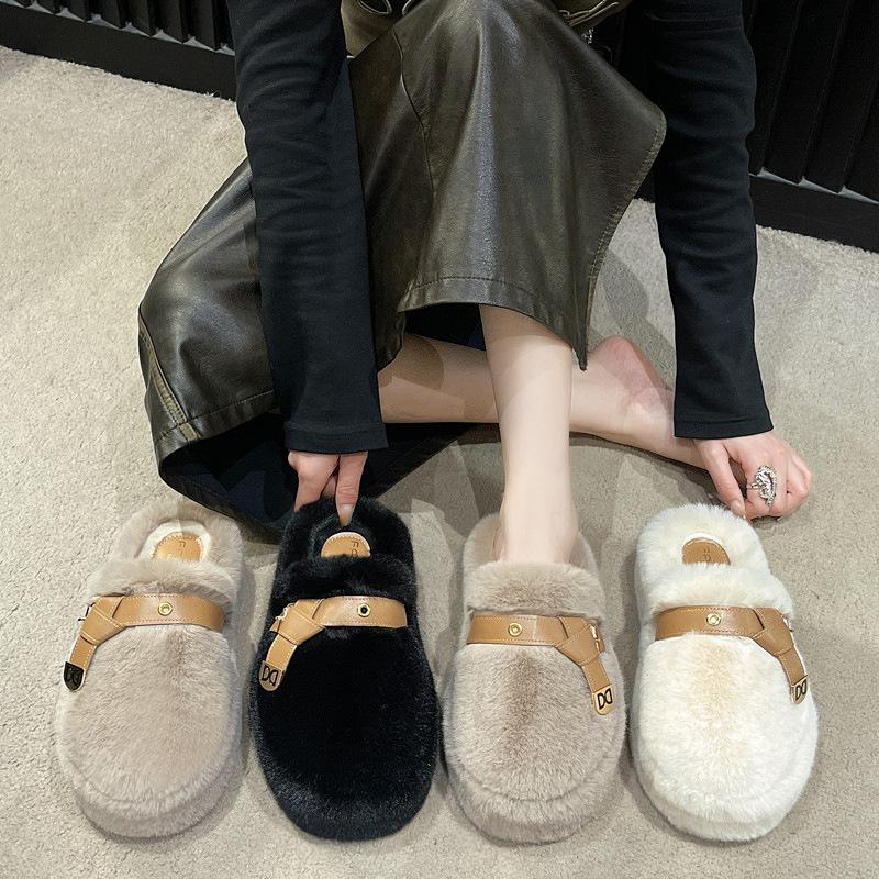 2025 Fall/Winter New Platform Toe Wool Slippers Women's Outer Belt Buckle Plus Size 35-42 Home Cotton Slippers