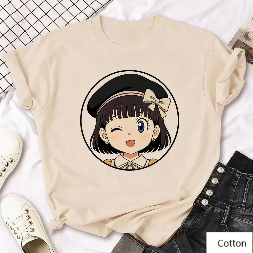Cute Beret Anime Girl Print Pure Cotton TShirt Unisex Kawaii Street Style Oversized Top