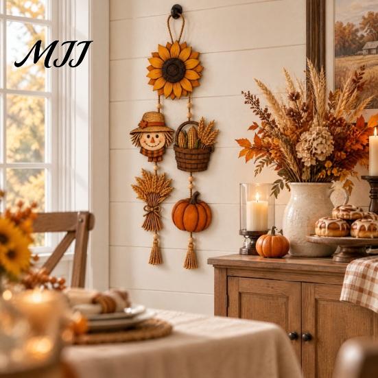 Harvest Atmosphere Wall Hanging Autumn Wooden Sign, Rustic Farmhouse Door Sign with Tassels and Wood Beads, Seasonal Indoor Outdoor Fall Porch