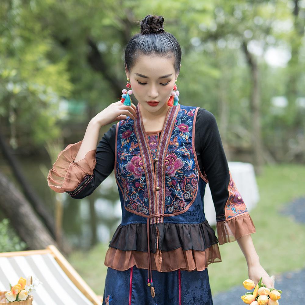 

Женский жилет без рукавов с этнической вышивкой в стиле пэчворк 2025 года: Жилет в китайском стиле, замедляющий старение XL синий