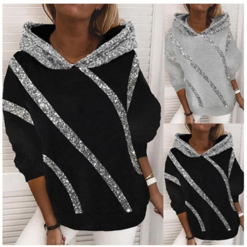 Glitter Printed Loose Hooded Sweatshirt for Women