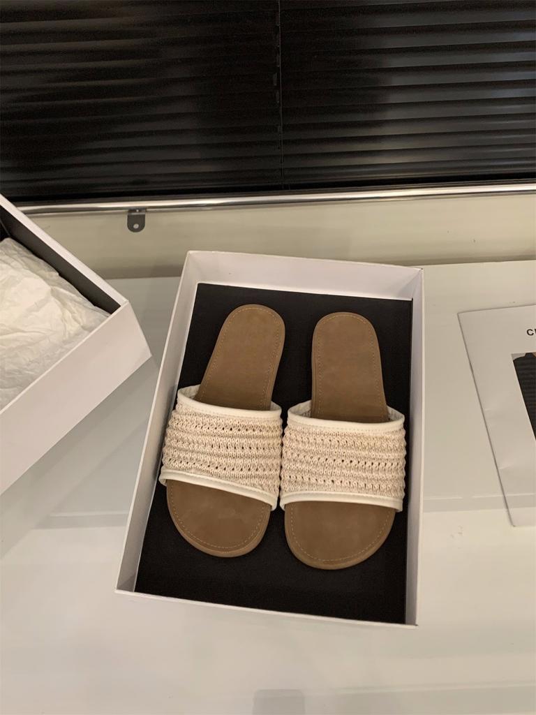 Retro woven style holiday sandals one-word slippers women's shoes wear flat beach sandals