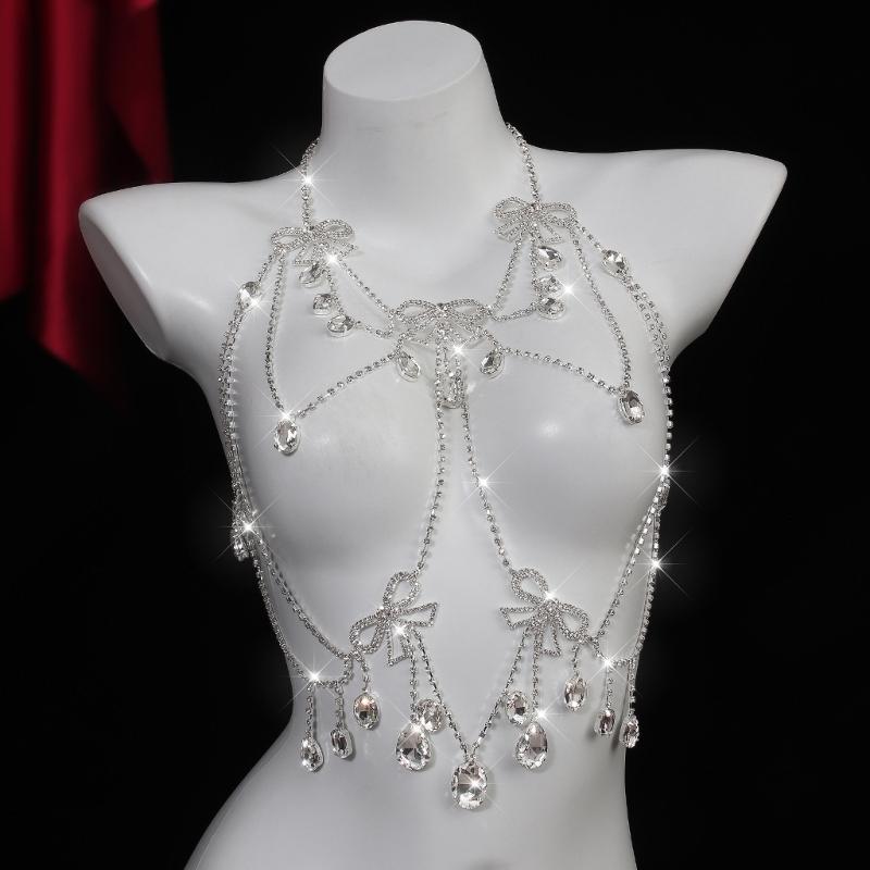 Multi Layer Rhinestones Bowknot Bikini Body Chain Chest Decoration For Women Bold Statement Jewelry Party Accessory