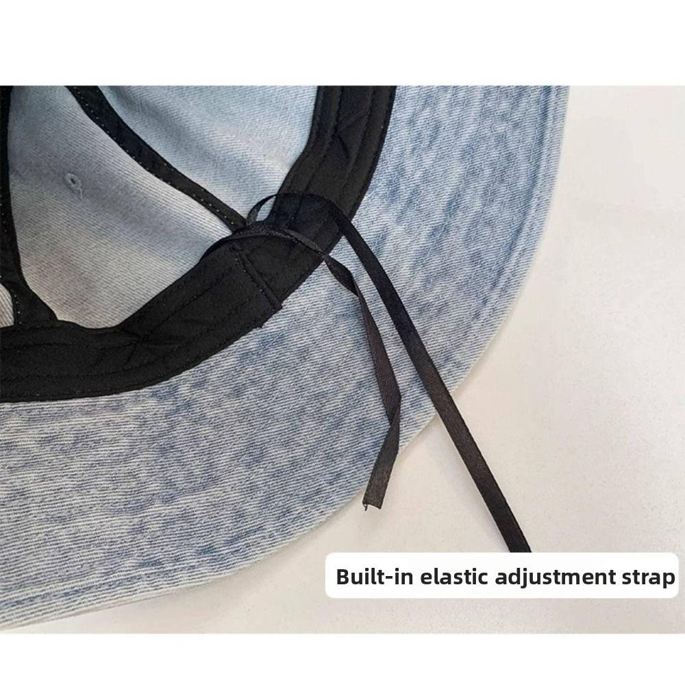 Bear Embroidery Print Vintage Washed Denim Hat Drawstring Adjustable Windproof Fisherman Hat Sunscreen Wide Brim Casual Sun Hat