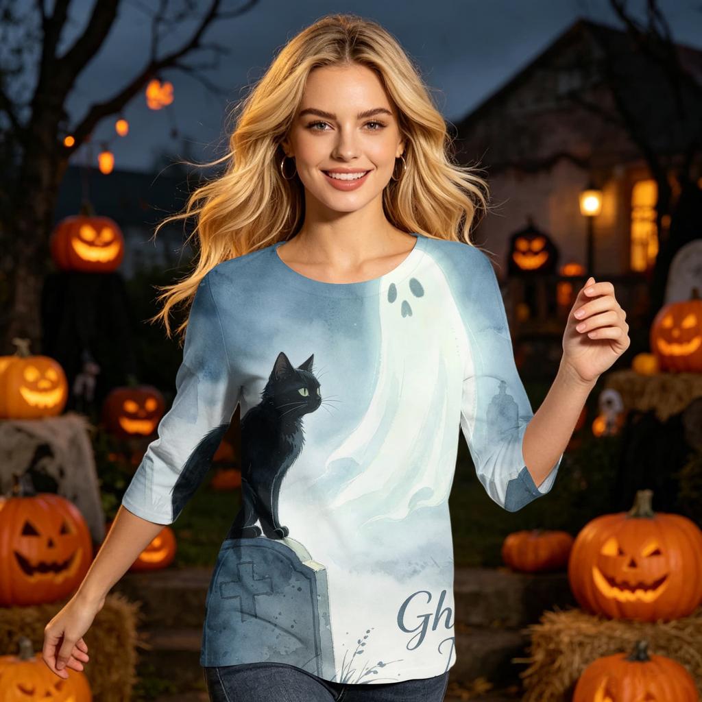 Women's Casual Halloween Graphic Top Three Quarter Sleeve Round Neck Shirt Lightweight Soft Fabric Comfortable Fit