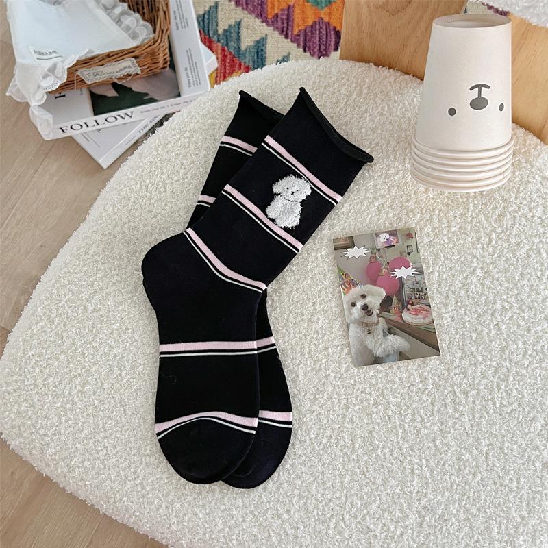 

Милые мультяшные гольфы до середины икры для девочек, полосатые гольфы с отворотами в стиле колор-блок, бесшовные носки 1 pair чёрный