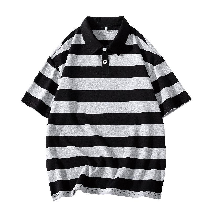 Men and Women Summer Loose Solid Color Couple Hong Kong Style Double Pearl Cotton Short Sleeved T-shirt Polo Collar Shirt