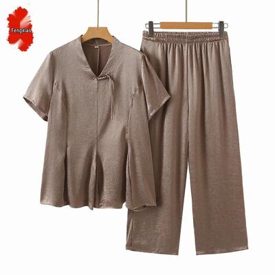 Damen Acetat Satin Jacquard Kurzarm T-Shirt Set