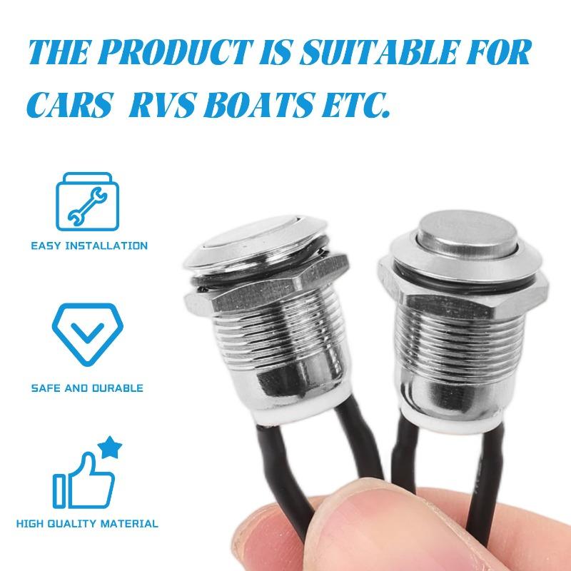 12mm Momentary Push Button Switch 12V Waterproof Power Pushbutton Small Round Chrome Stainless Metal 2pin N/O Switch Cable