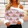 Women's Off-the-shoulder Plush Neck Printed Long-sleeved Pullover T-shirt Top