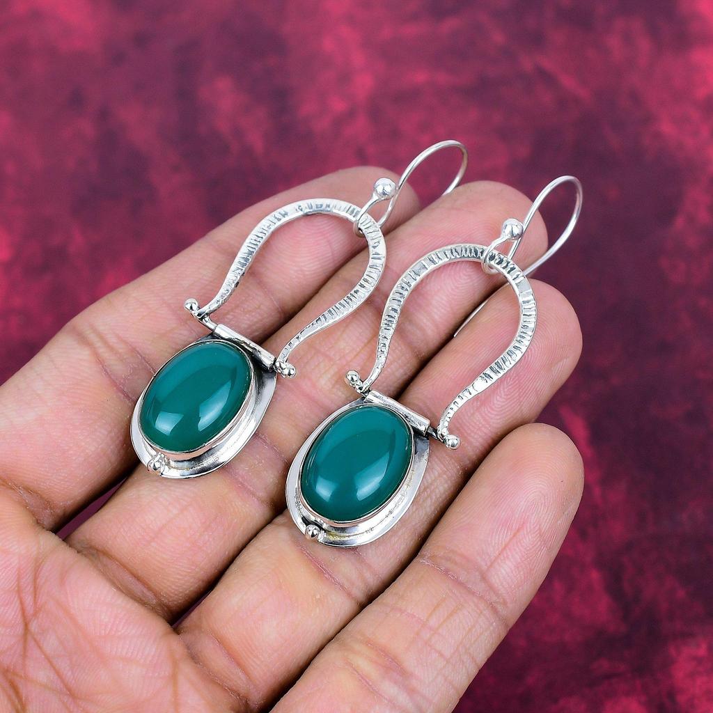 Green Onyx Cab Gemstone Earrings, 925 Solid Sterling Silver Jewelry, Handmade Beautiful Earrings For Wedding Gift