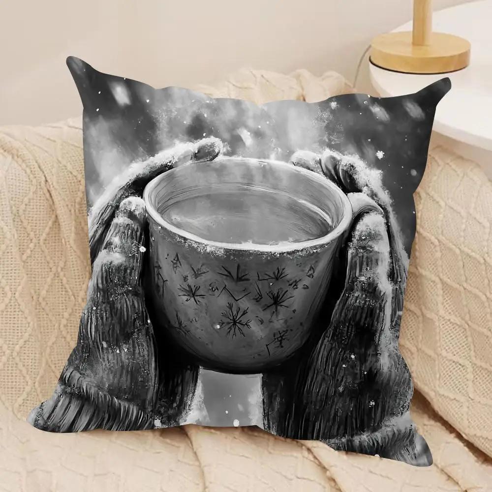Coffee A Warm Day Cushion Cover Silky Short Plush Invisible Zipper Dustproof Sofa Pillow Case For Home Decor
