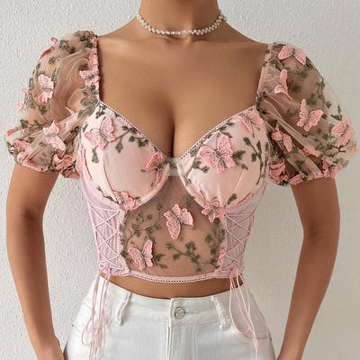 Girl Halter See-Through Strap Stitching Gauze Vest Puff-Sleeved Corset Drawstring Crop Top
