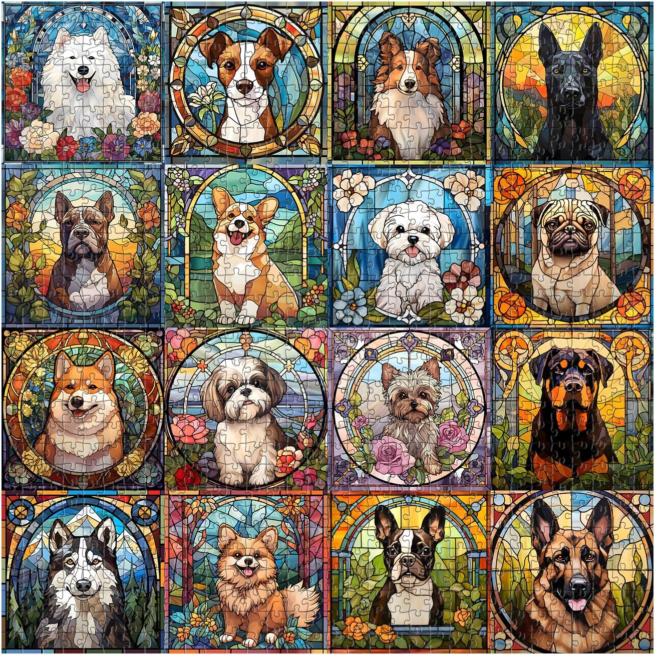 Stained Glass Puzzle, Dog Puzzles for Adults 1000 Pieces, Colorful Animal Puppy Collage Puzzles 1000 Pieces Corgi Bulldog, Hard Difficult Impossible