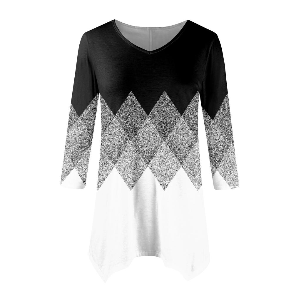 Moda Donna Casual Scollo a V Colore a Contrasto Stampato Manica a Sette Punti Camicia Cinturata Top Ampio Confortevole