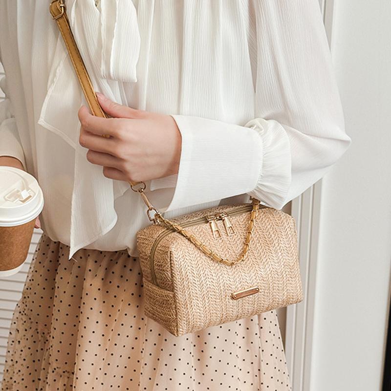 Yogodlns Fashionable Stylish Woven Straw Women's Bag New Trendy Chain Handbag Simple Woven Shoulder Crossbody Bag