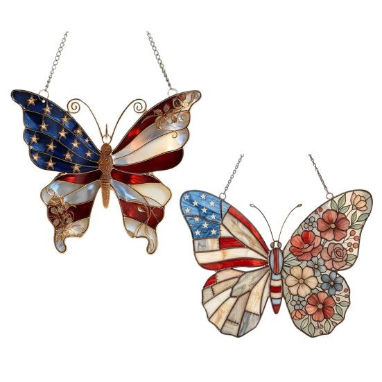 Independence Day Butterfly Suncatcher Ornament Faux Stained Glass Acrylic Window Pendant Patriotic Butterfly Suncatcher for Wall Window