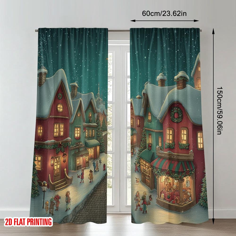 2pcs 2D flat printing Christmas Hot Party Curtains Christmas Village Snow Town Scene Digital Printed Polyester Drapes Birthday