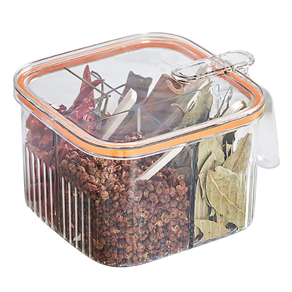 4 Grid Clear Seasoning Box Kitchen Spice Pot Condiments Storage Container with Cover and Spoon Transparent and Orange