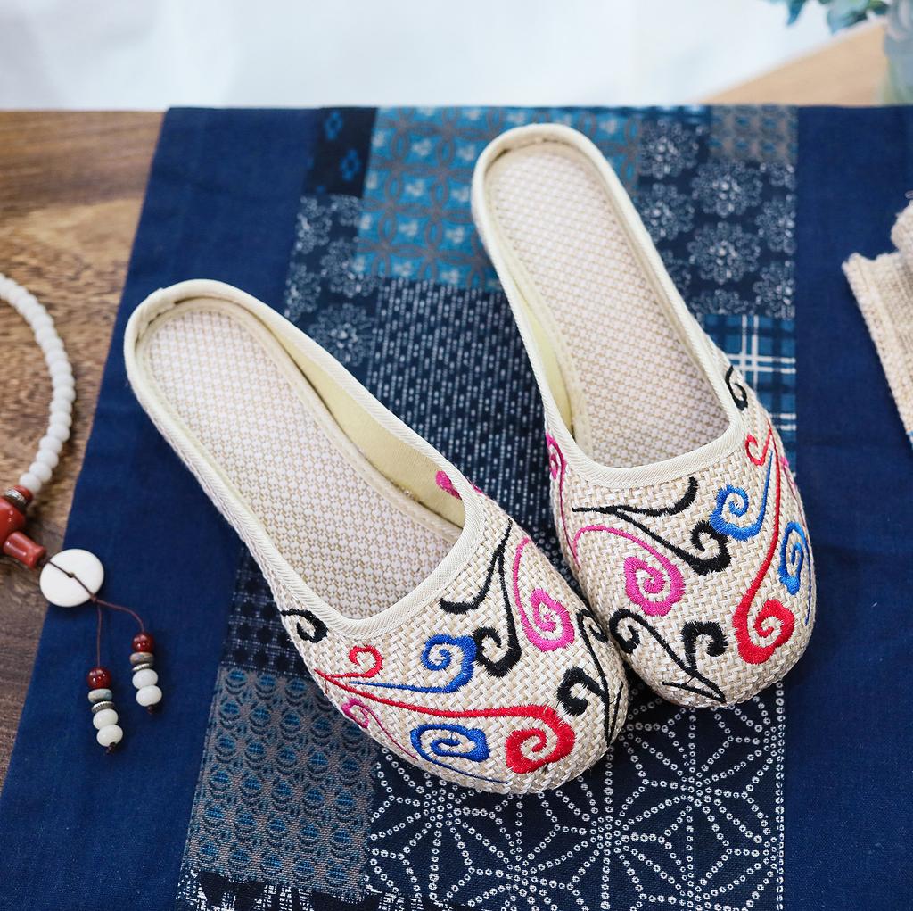 Pantofole, ricamo, scarpe da donna in tessuto, sandali con testa di borsa, per camminare casual in estate, shopping e pantofole con suola in tendine di bue