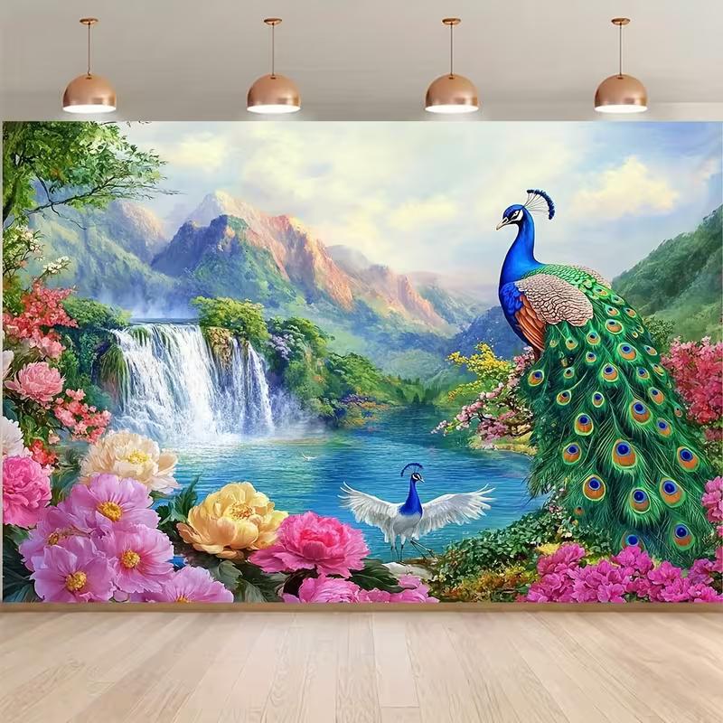 

2D Elegant Peacock Floral Waterfall Backdrop Spring Nature Scenery Studio Background Cloth 47.2x31.5inch/120*80cm
