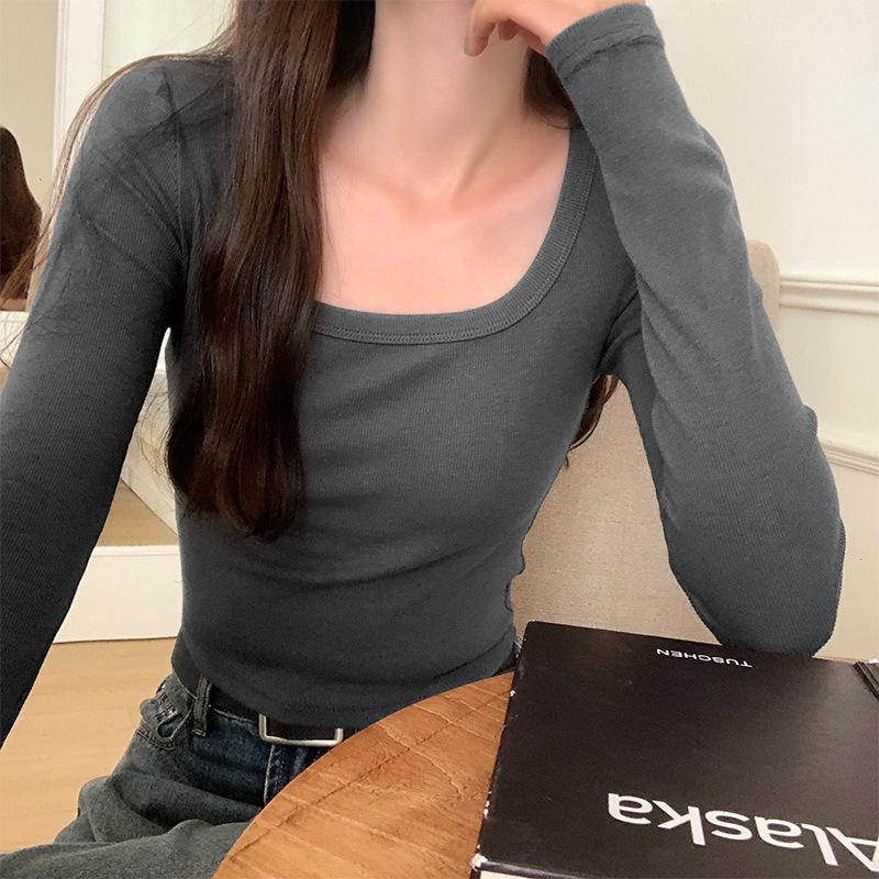 

Однотонная рубашка с квадратным вырезом для женщин, осень, новая узкая футболка с длинными рукавами, универсальный утягивающий короткий топ XL