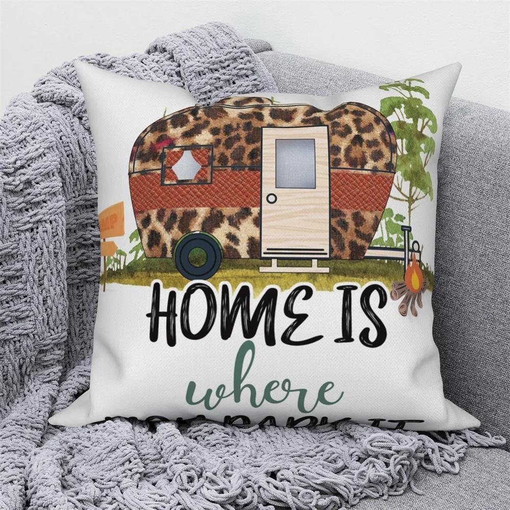 Decorative Cushion Covers Camping Bus Printed Pillow Home Sofa Throw