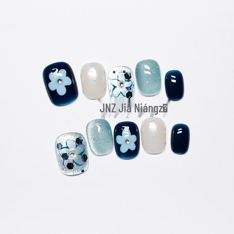 Jia Niangzi Handmade Blue Cat Eye Nails with Hand-Painted Flowers and Polka Dots - Short and Elegant Manicure