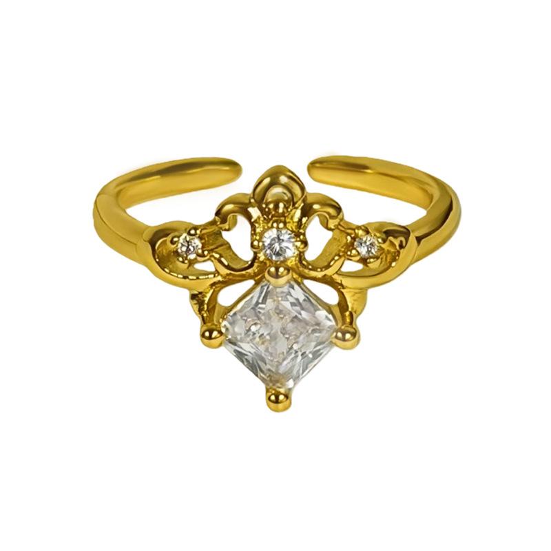 Light Luxury Medieval Vintage Square Diamond-Encrusted Zircon Rhombus Open Ring Niche Stacked Crown Exquisite Ring