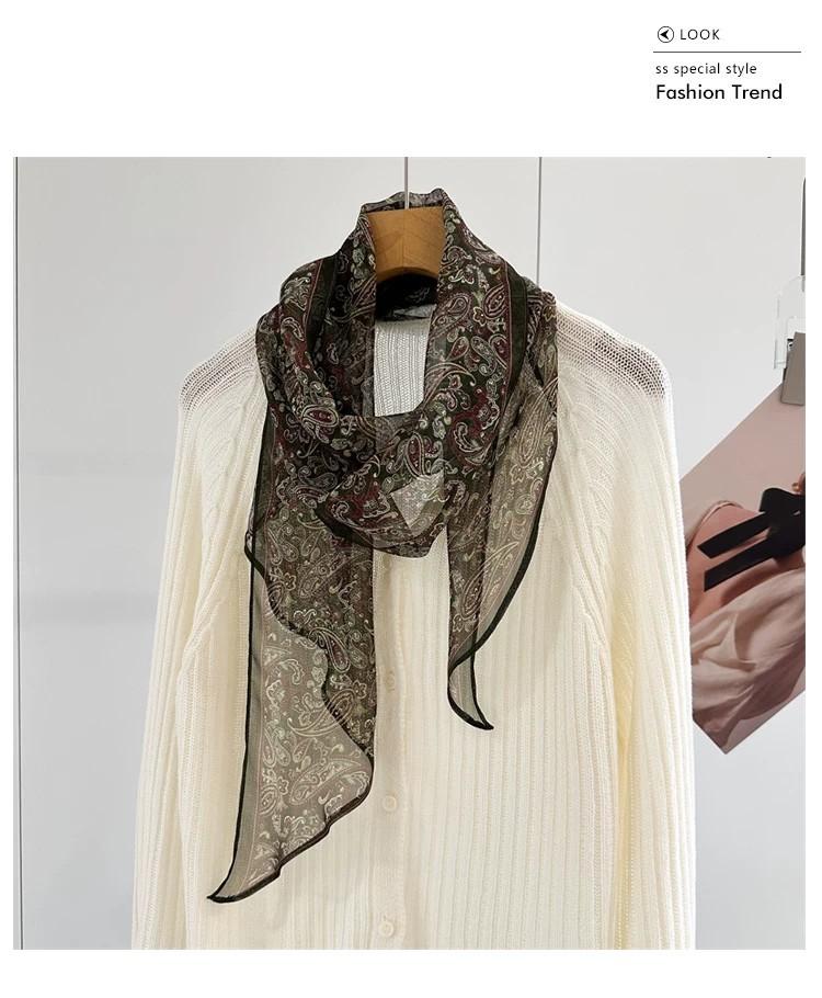 Spring and summer with rigid needs! Light and thin georgette small silk scarf! Retro cashew flower narrow silk long scarf yarn scarf