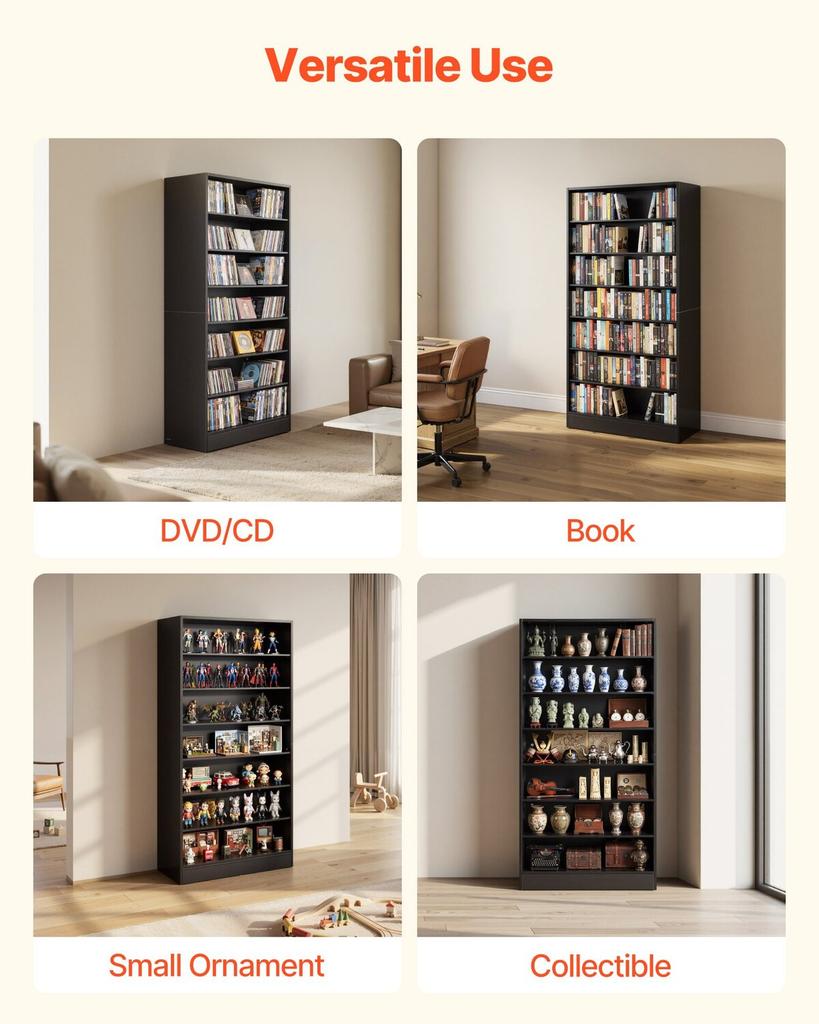 Media Storage Cabinet, 7-Tier DVD Shelf Organizer, 70 X 30 X 140 Cm Multimedia Storage Organizer for CDs, DVDs, Books and Games, CD Shelf for Living