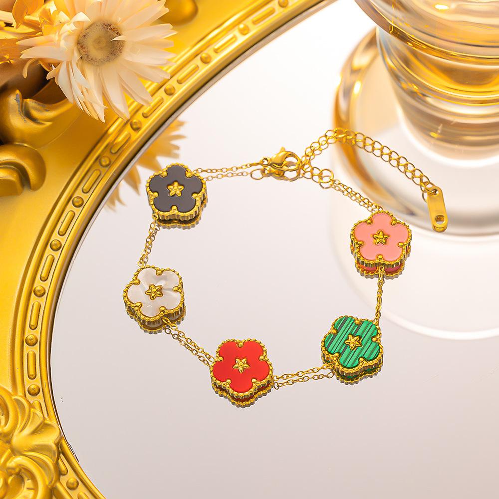 Brățară din oțel din titan, iarbă cu cinci frunze, cu flori de prun Brățară cu două fețe Fritillaria cu flori multiple Brățară mică, proaspătă și elegantă pentru femei